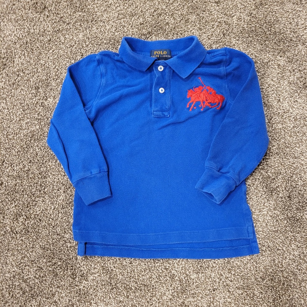 Polo Ralph Lauren Kids Blue Long Sleeve Polo Shirt with Red Pony Logo Size 2T